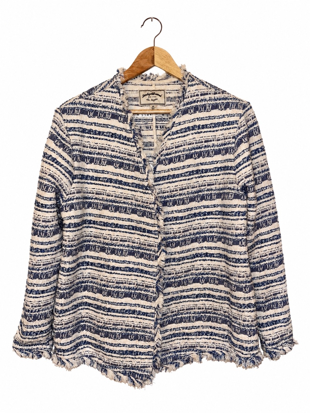 Lucky Brand Blue Cream Frayed Stripe Cotton Jacket Blazer Boho Coastal Chic M